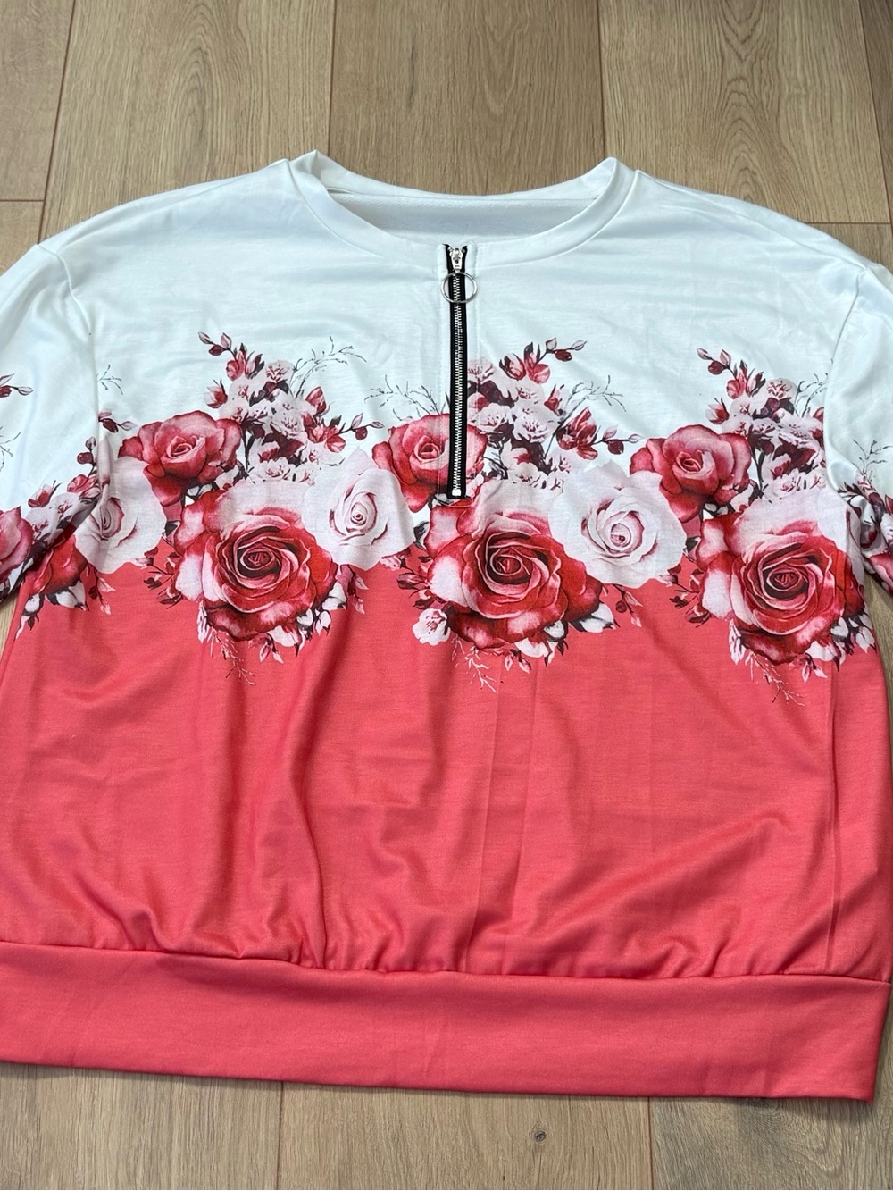 Floral Zip-Front Sweatshirt in Coral and White